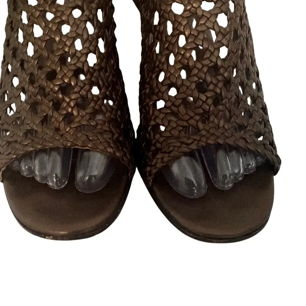 Brighton Realm Bronze Leather Woven Basketweave Wedge Sandals Feminine Boho